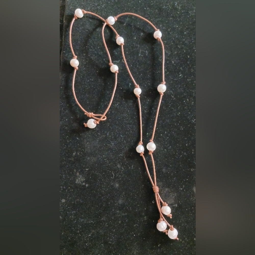 Freshwater Pearl And Leather Tassel Necklace, 35 Inches - Picture 7 of 11